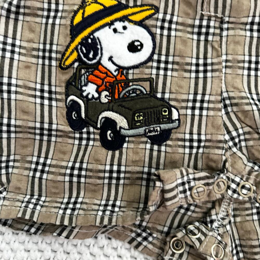 Baby Snoopy Safari Brown Grid Plaid Cargo Overalls Tee Shirt Bucket Hat 6-9M Y2K - Picture 7 of 7